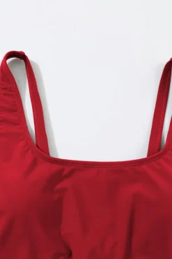 Clearance Dear-Lover U Neck Adjustable Straps Knotted Skirt Patchwork One Piece Swimsuit Racing Red