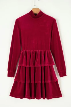Clearance Dear-Lover Velvet High Neck Tiered Ruffle Mini Dress Racing Red