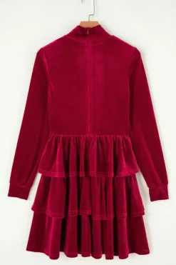 Clearance Dear-Lover Velvet High Neck Tiered Ruffle Mini Dress Racing Red