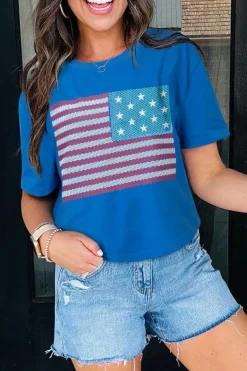 Best Dear-Lover American Flag Pattern Crewneck Tee Real Teal