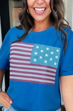 Best Dear-Lover American Flag Pattern Crewneck Tee Real Teal
