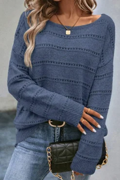 Clearance Dear-Lover Boat Neck Drop Shoulder Pointelle Knit Sweater Real Teal