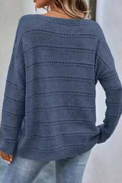 Clearance Dear-Lover Boat Neck Drop Shoulder Pointelle Knit Sweater Real Teal