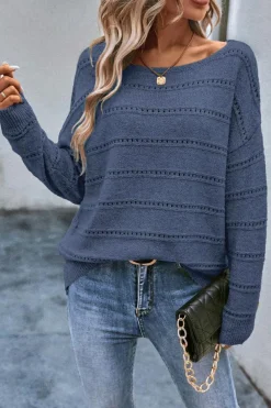 Clearance Dear-Lover Boat Neck Drop Shoulder Pointelle Knit Sweater Real Teal