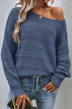 Clearance Dear-Lover Boat Neck Drop Shoulder Pointelle Knit Sweater Real Teal