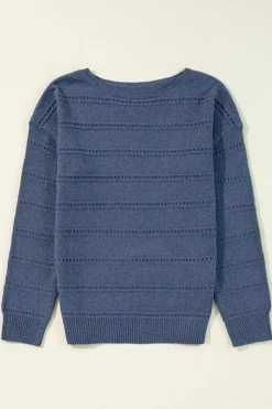 Clearance Dear-Lover Boat Neck Drop Shoulder Pointelle Knit Sweater Real Teal