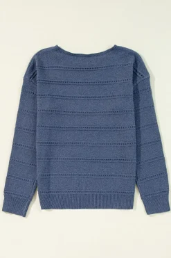 Clearance Dear-Lover Boat Neck Drop Shoulder Pointelle Knit Sweater Real Teal