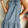 Clearance Dear-Lover Bowknot Neck Sleeveless Ruffled Chambray Dress Real Teal