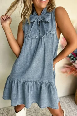 Clearance Dear-Lover Bowknot Neck Sleeveless Ruffled Chambray Dress Real Teal