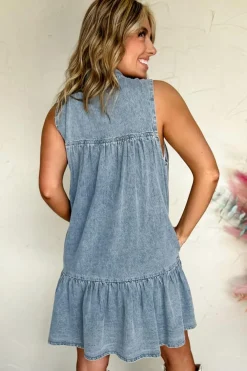Clearance Dear-Lover Bowknot Neck Sleeveless Ruffled Chambray Dress Real Teal