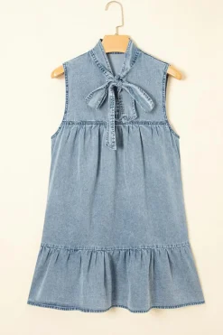 Clearance Dear-Lover Bowknot Neck Sleeveless Ruffled Chambray Dress Real Teal