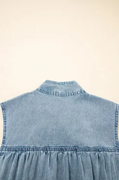 Clearance Dear-Lover Bowknot Neck Sleeveless Ruffled Chambray Dress Real Teal