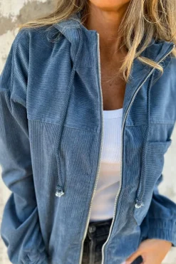 Discount Dear-Lover Corduroy Drawstring Hooded Pocket Zip Up Jacket Real Teal