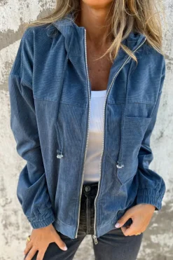 Discount Dear-Lover Corduroy Drawstring Hooded Pocket Zip Up Jacket Real Teal