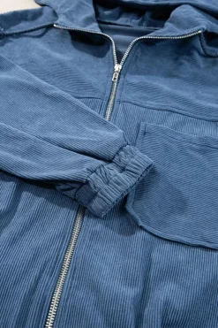 Discount Dear-Lover Corduroy Drawstring Hooded Pocket Zip Up Jacket Real Teal