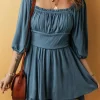 Fashion Dear-Lover Frilled Neckline 3/4 Sleeve Layered Ruched Mini Dress Real Teal