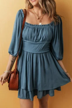 Fashion Dear-Lover Frilled Neckline 3/4 Sleeve Layered Ruched Mini Dress Real Teal