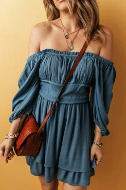 Fashion Dear-Lover Frilled Neckline 3/4 Sleeve Layered Ruched Mini Dress Real Teal