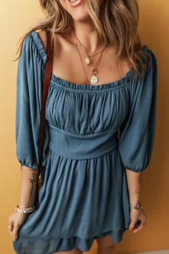 Fashion Dear-Lover Frilled Neckline 3/4 Sleeve Layered Ruched Mini Dress Real Teal