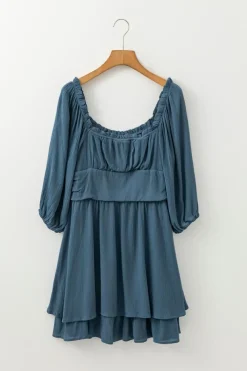 Fashion Dear-Lover Frilled Neckline 3/4 Sleeve Layered Ruched Mini Dress Real Teal