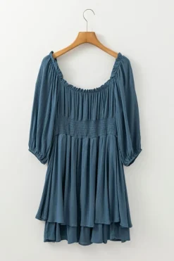 Fashion Dear-Lover Frilled Neckline 3/4 Sleeve Layered Ruched Mini Dress Real Teal