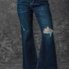 Clearance Dear-Lover High Rise Ripped Bell Bottom Jeans Real Teal