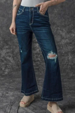 Clearance Dear-Lover High Rise Ripped Bell Bottom Jeans Real Teal