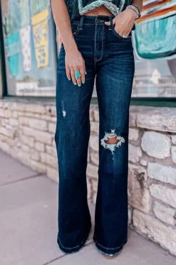 Clearance Dear-Lover High Rise Ripped Bell Bottom Jeans Real Teal