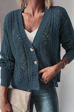 Hot Dear-Lover Open Knit Drop Shoulder Sweater Cardigan Real Teal