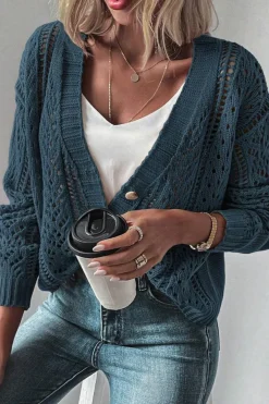 Hot Dear-Lover Open Knit Drop Shoulder Sweater Cardigan Real Teal