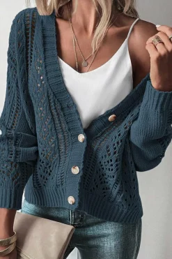 Hot Dear-Lover Open Knit Drop Shoulder Sweater Cardigan Real Teal