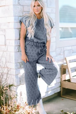 Best Dear-Lover Quilted Short Sleeve Wide Leg Pants Set Real Teal
