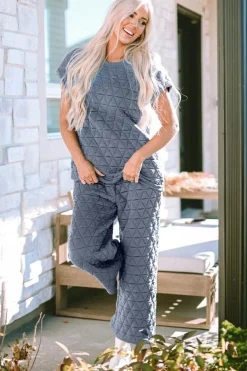 Best Dear-Lover Quilted Short Sleeve Wide Leg Pants Set Real Teal