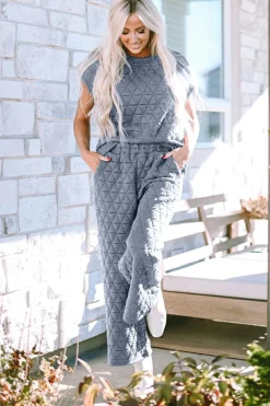 Best Dear-Lover Quilted Short Sleeve Wide Leg Pants Set Real Teal