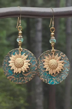 Discount Dear-Lover Retro Sunflower Disc Alloy Dangle Earrings Real Teal