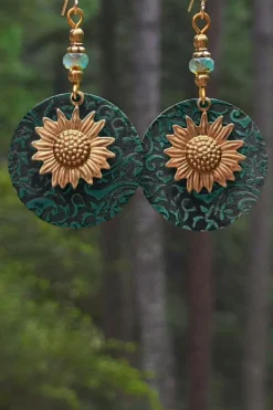 Discount Dear-Lover Retro Sunflower Disc Alloy Dangle Earrings Real Teal