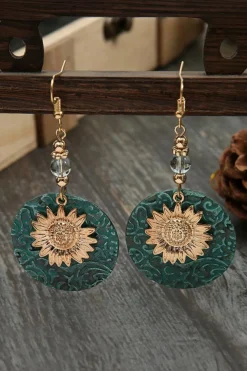Discount Dear-Lover Retro Sunflower Disc Alloy Dangle Earrings Real Teal