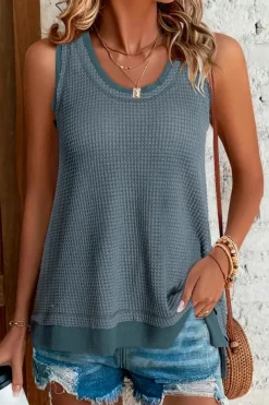Discount Dear-Lover Scoop Neck Waffle Knit Flowy Vest Real Teal
