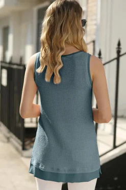 Discount Dear-Lover Scoop Neck Waffle Knit Flowy Vest Real Teal