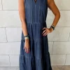 Hot Dear-Lover Sleeveless Tiered Chambray Maxi Dress Real Teal