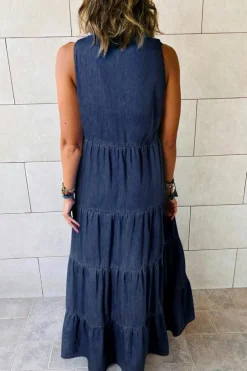 Hot Dear-Lover Sleeveless Tiered Chambray Maxi Dress Real Teal