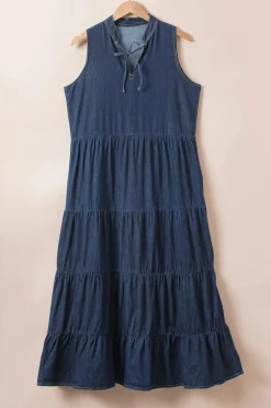 Hot Dear-Lover Sleeveless Tiered Chambray Maxi Dress Real Teal