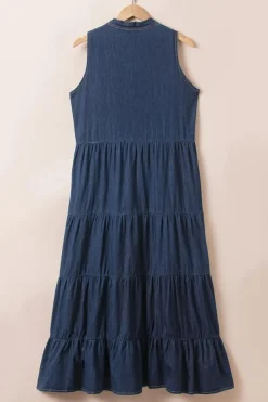 Hot Dear-Lover Sleeveless Tiered Chambray Maxi Dress Real Teal