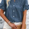 Online Dear-Lover Solid Color Ruffle Ruched Short Sleeve Buttoned Shirt Real Teal