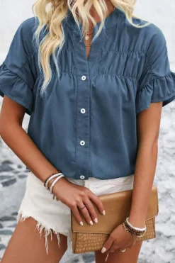 Online Dear-Lover Solid Color Ruffle Ruched Short Sleeve Buttoned Shirt Real Teal