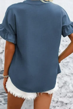 Online Dear-Lover Solid Color Ruffle Ruched Short Sleeve Buttoned Shirt Real Teal