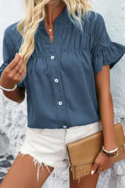 Online Dear-Lover Solid Color Ruffle Ruched Short Sleeve Buttoned Shirt Real Teal