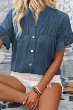 Online Dear-Lover Solid Color Ruffle Ruched Short Sleeve Buttoned Shirt Real Teal