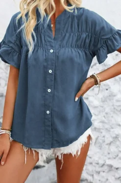 Online Dear-Lover Solid Color Ruffle Ruched Short Sleeve Buttoned Shirt Real Teal