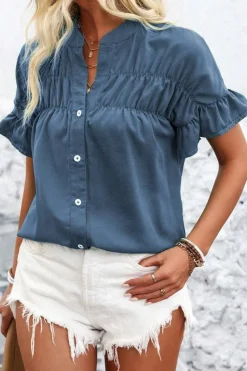 Online Dear-Lover Solid Color Ruffle Ruched Short Sleeve Buttoned Shirt Real Teal